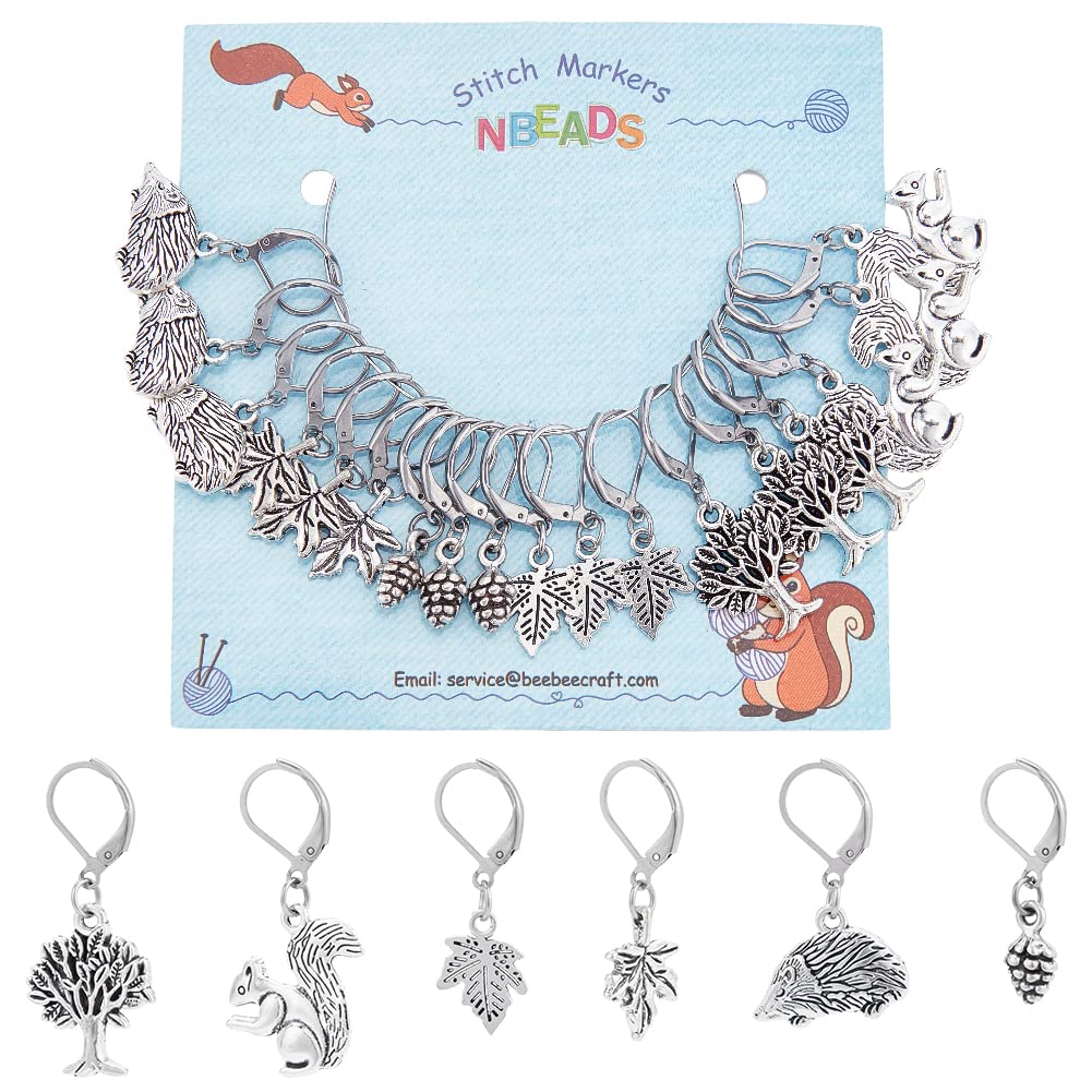 NBEADS 18 Pcs Alloy Pendants Stitch Markers, 6 Styles Tibetan Style Crochet Stitch Marker Squirrel Hedgehog Leaf Pine Cone Charms for Knitting Weaving Sewing Accessories Quilting Jewelry Making — image 1