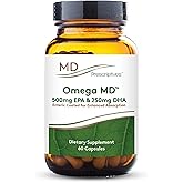 MD Prescriptives Omega MD Supplement - 500 EPA & 250 DHA Omega 3 Fish Oil - Supports Brain Health & Joints* - No Fishy Smell - 60 Softgels