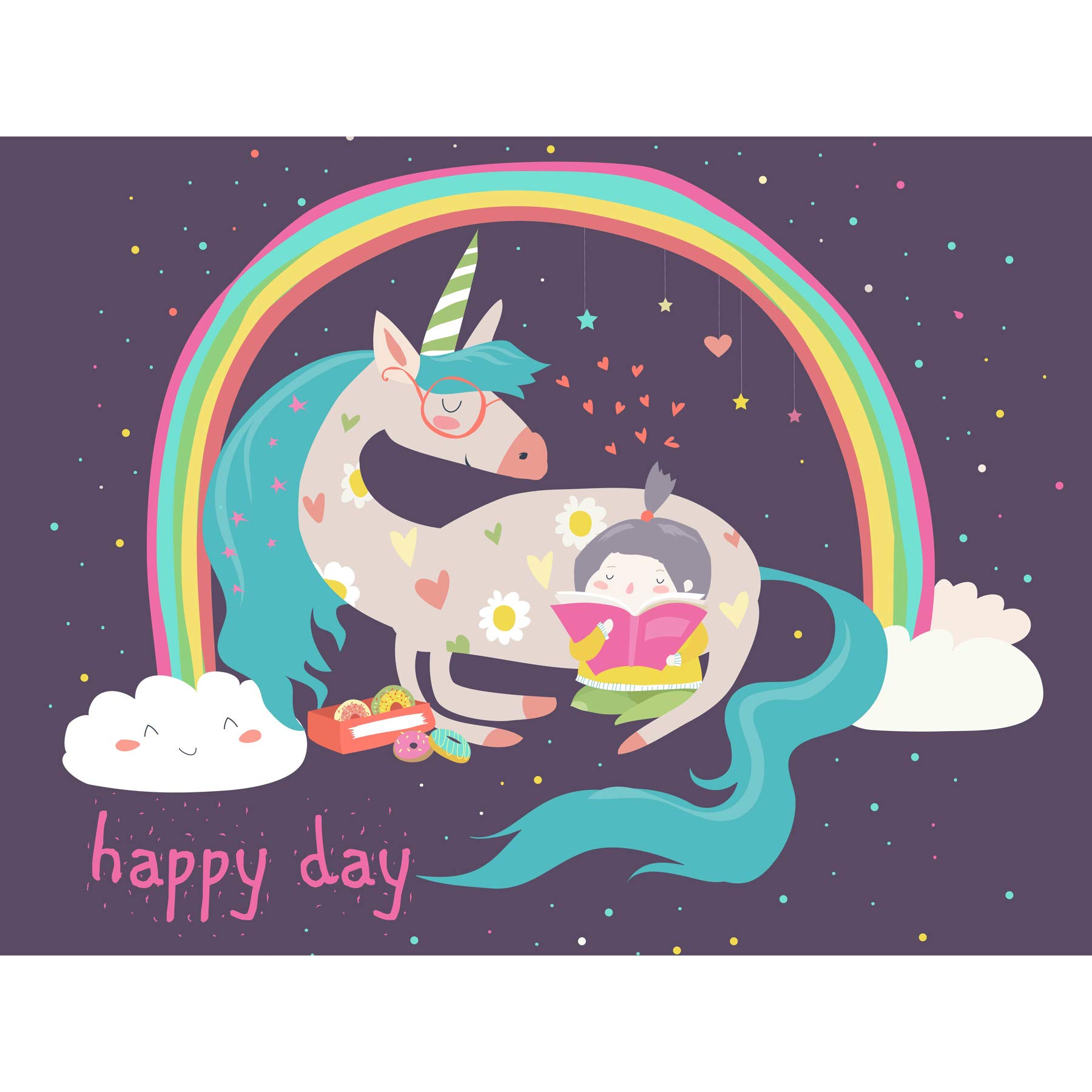 Wee Blue Coo Unicorn Rainbow Reading Child Large Wall Art Print Canvas Premium Poster
