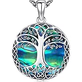 AUDINCEED Tree of Life Necklace Tree of Life Pendant 925 Sterling Silver Abalone Shell Opal Malachite Turquoise Moonstone Crystal Necklace Celtic Knot Family Tree Jewelry for Men Women Fathers Day