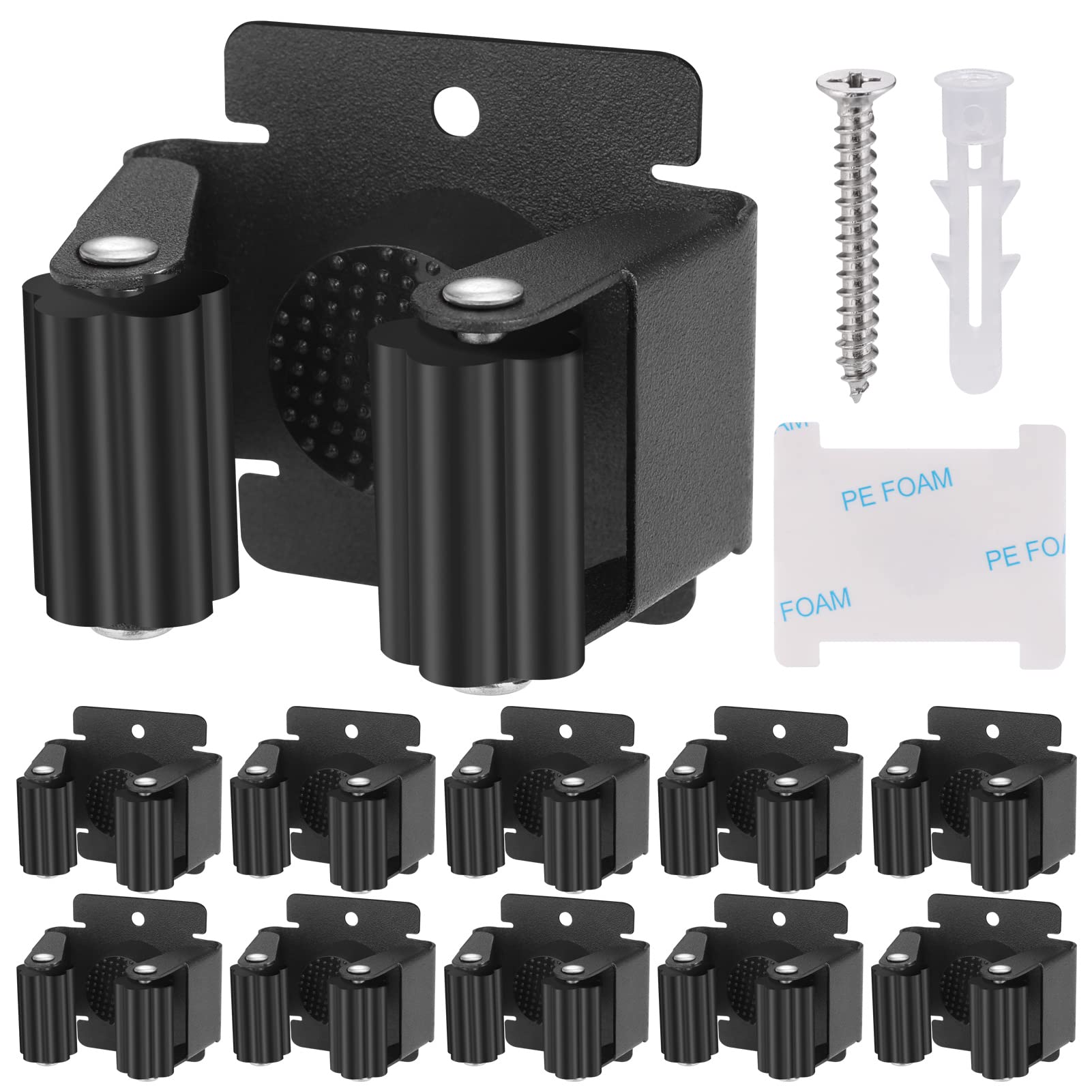 Hejo 10 Pack Mop Broom Holder, Heavy Duty Brush Holder Wall Mounted, Stainless Steel Mop and Brooms Holders Storage Rack Brush Organiser Tidy Clamp for Garden Garage Bathroom(Black)