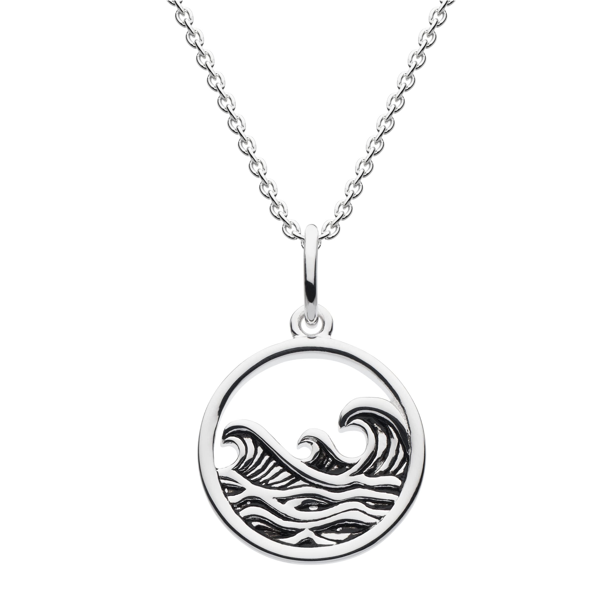 Dew Ocean Wave Disc Pendant 18" Necklace – Sterling Silver, Oxidised Textured Wave Detail, Gift Ideas for Travelling