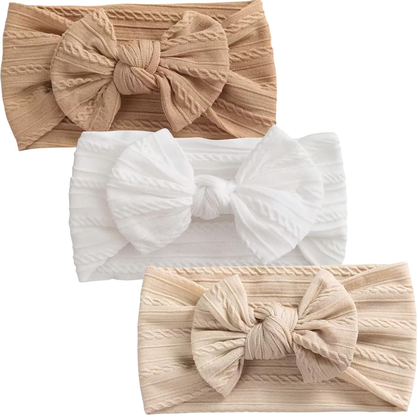 Baby Girl Beige Nylon Cable Bow Headbands, 3 Pack