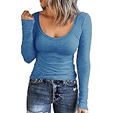 Roselux Women Long Sleeve Scoop Neck Ribbed Fitted Knit Shirt Basic T-Shirts