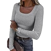 Roselux Womens Long Sleeve Scoop Neck Ribbed Knit Fitted Casual Tops Tee Slim Basic Shirts