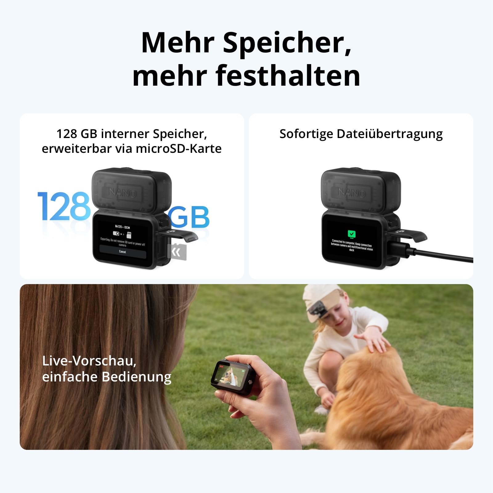 DJI Osmo Nano Standard Combo (128GB) - 4K/60fps kleine Vlogging-Kamera mit 1/1,3″ Sensor, 143° Weitwinkel-Video, 200 min Aufnahmezeit, schneller Datentransfer, POV-Kamera 4K für Sport, Vlog 5