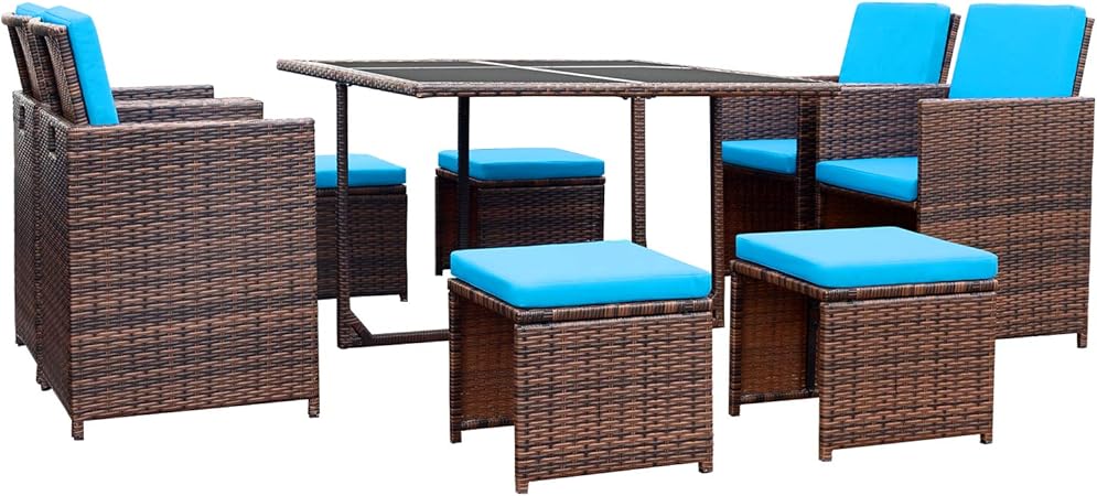 Amazon Com Devoko 9 Pieces Patio Dining Sets Outdoor Space Saving Rattan Chairs With Glass Table Patio Furniture Sets Cushioned Seating And Back Sectional Conversation Set Blue Garden Outdoor