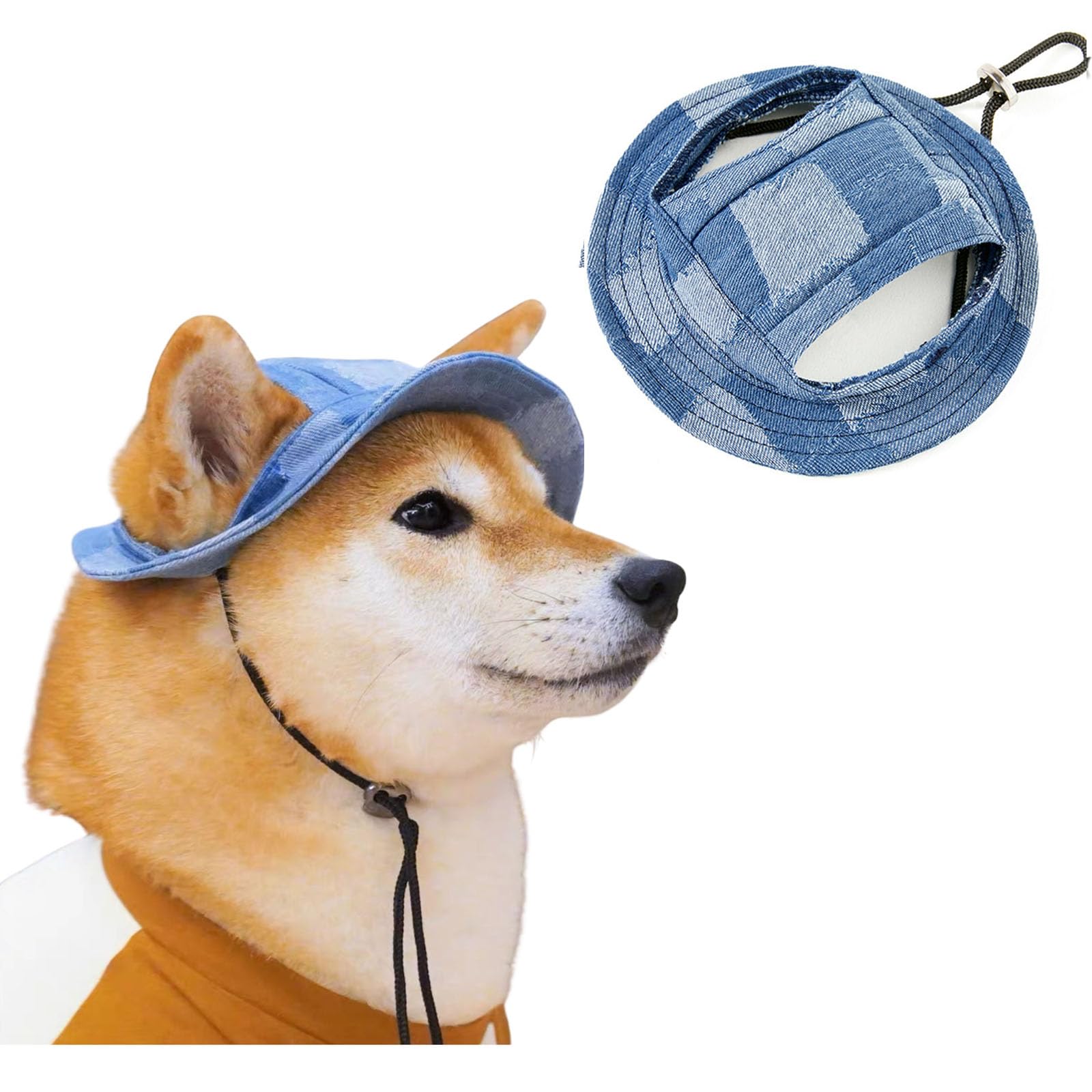 BT Bear Dog Bucket Hats, Cotton Casual Dog Round Cap with Ear Hole, Adjustable Outdoor Travel Sun Protection Sport Hat for Cat Small Medium Dogs Blue Denim M