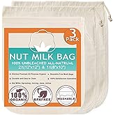 Nut Milk Bag Cloth Strainer for Food, 3 Pack 12" (2 of 12"X12" + 1 of 10") Organic Reusable Kitchen Premium Fine Mesh Cheesec