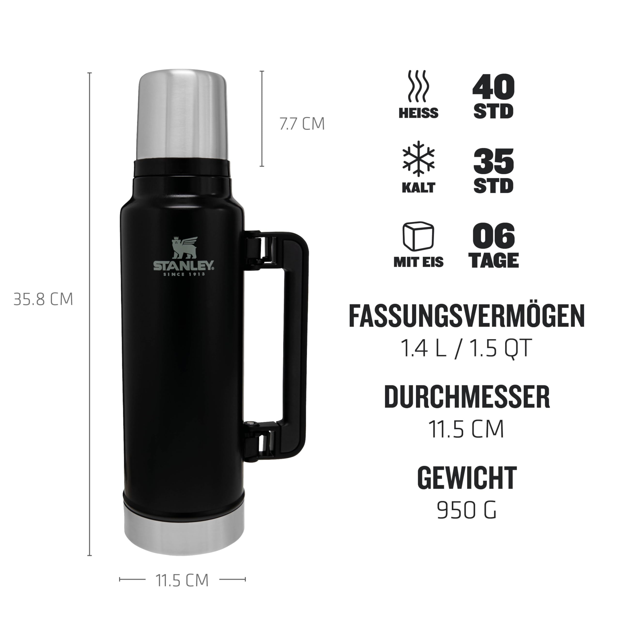 Stanley 1913 Classic Legendary Thermosflasche 1.4L - Thermos Hält 40 Stunden Heiß Oder Kalt - Edelstahl Thermoskanne - BPA-Frei - Spülmaschinenfest - Matte Black 2