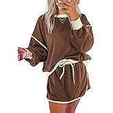 SELINK Womens Striped 2 Piece Outfit Tracksuit Oversized Lounge Set Casual Top and Skorts Matching Sets