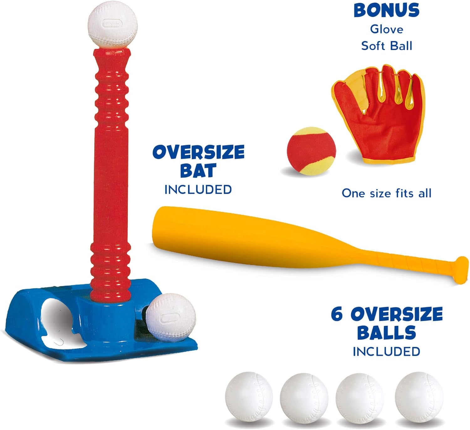 Tee-Ball Sport Set - 6 Balls and 1 Soft Ball with Bat & Glove to Develop Baseball & Softball Skills - Primary Color Set for Kids in Carry Case: Toys & Games