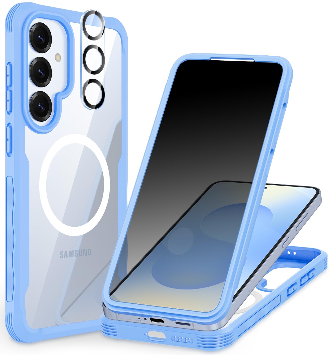 Photo 1 of CENHUFO Magnetic Privacy for Samsung Galaxy S25 Case, Full Body Phone Case with Built-in 9H Tempered Glass Privacy Screen Protector and Camera Lens Cover, Shockproof Protective Bumper - Light Blue