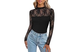 Zeagoo Long Sleeve Shirts for Women's Lace Tops Mesh Sheer Crew Neck Shirts Sexy Fall Going Out Blouse