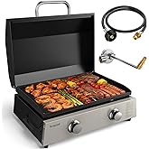 Flat Top Gill, Outdoor Griddle 22&rdquo; Tabletop Gas Griddle with Hood for Outdoor Camping Tailgating (24000 BTU, 2 Burner, Carbon Steel Plate)