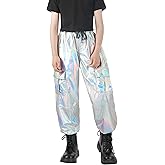 Nawgut Sequin Cargo Pants Metallic High Waisted Multi-Pocket Shiny Joggers Hip Hop Dance Pants for Girls