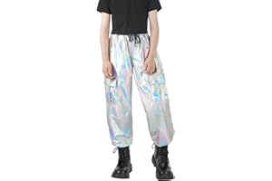 Nawgut Sequin Cargo Pants Metallic High Waisted Multi-Pocket Shiny Joggers Hip Hop Dance Pants for Girls