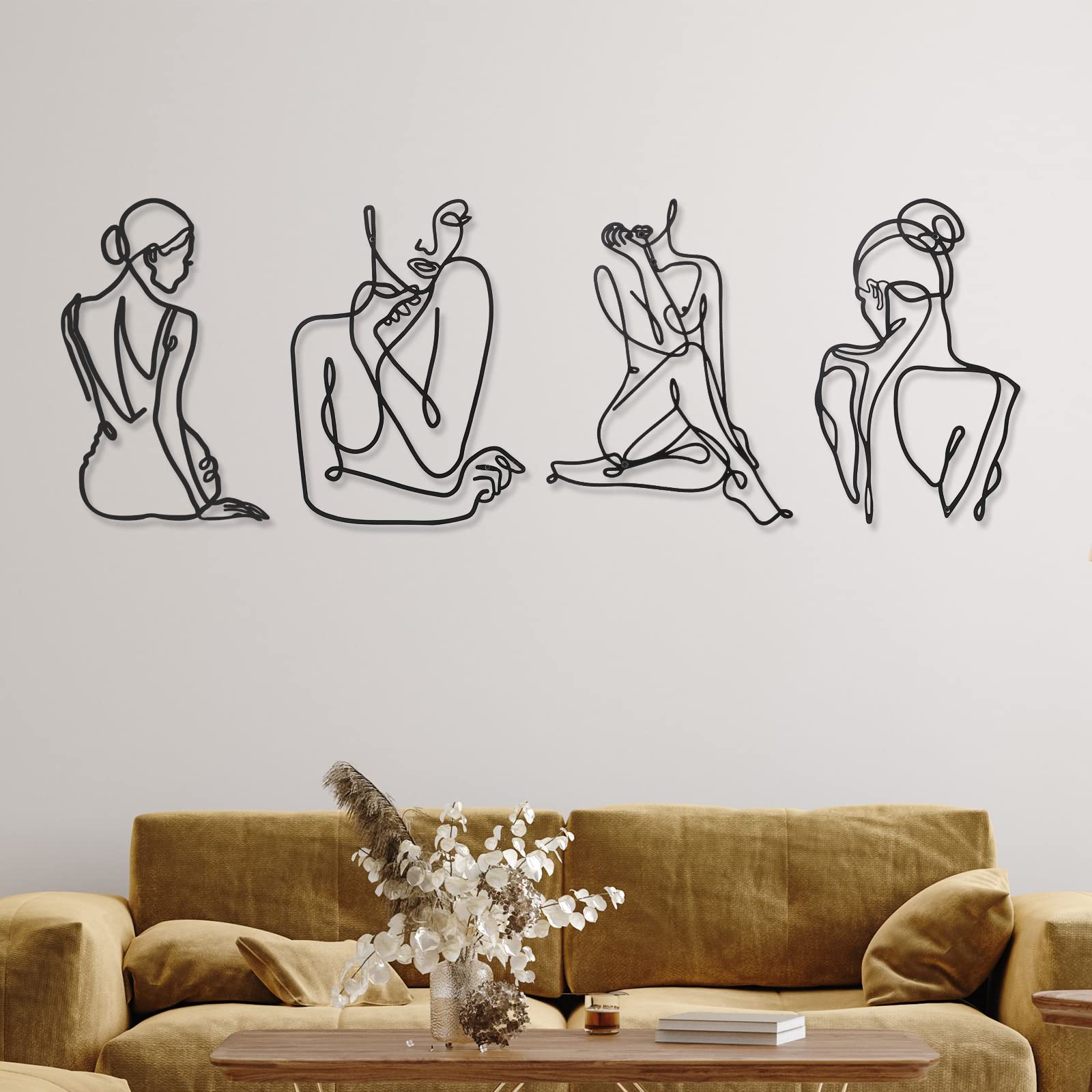 Photect 4 Pieces Metal Wall Art Decor Black Single Line Art Drawing Minimalist Abstract Female Woman Wall Sculptures Hanging Decor Accents for Bathroom Living Room(Classic)
