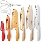 Plys Knife Set for Kitchen with Covers 14-Piece: Colorful Ceramic Coating Stainless Steel Chef Knives set for Cooking, Cutting&Chopping, Sharp Blades, Rustproof, Dishwasher Safe
