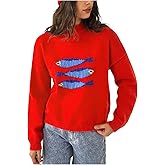Verdusa Women's Fish Print Cozy Sweaters Drop Shoulder Knit Pullovers Trendy Fall Tops