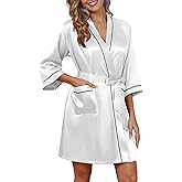 Ekouaer Women's Silk Robe Satin Knee Length Bride Bridesmaid Wedding Party Bathrobe Lightweight Sexy Sleepwear with Pockets White L