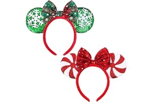 UNSPAZ Christmas Mouse Ears Headbands, 2 PCS Christmas Ears for Adult Women Kids, Sequin Headbands for Christmas Party Cosplay Park Trips Accessories