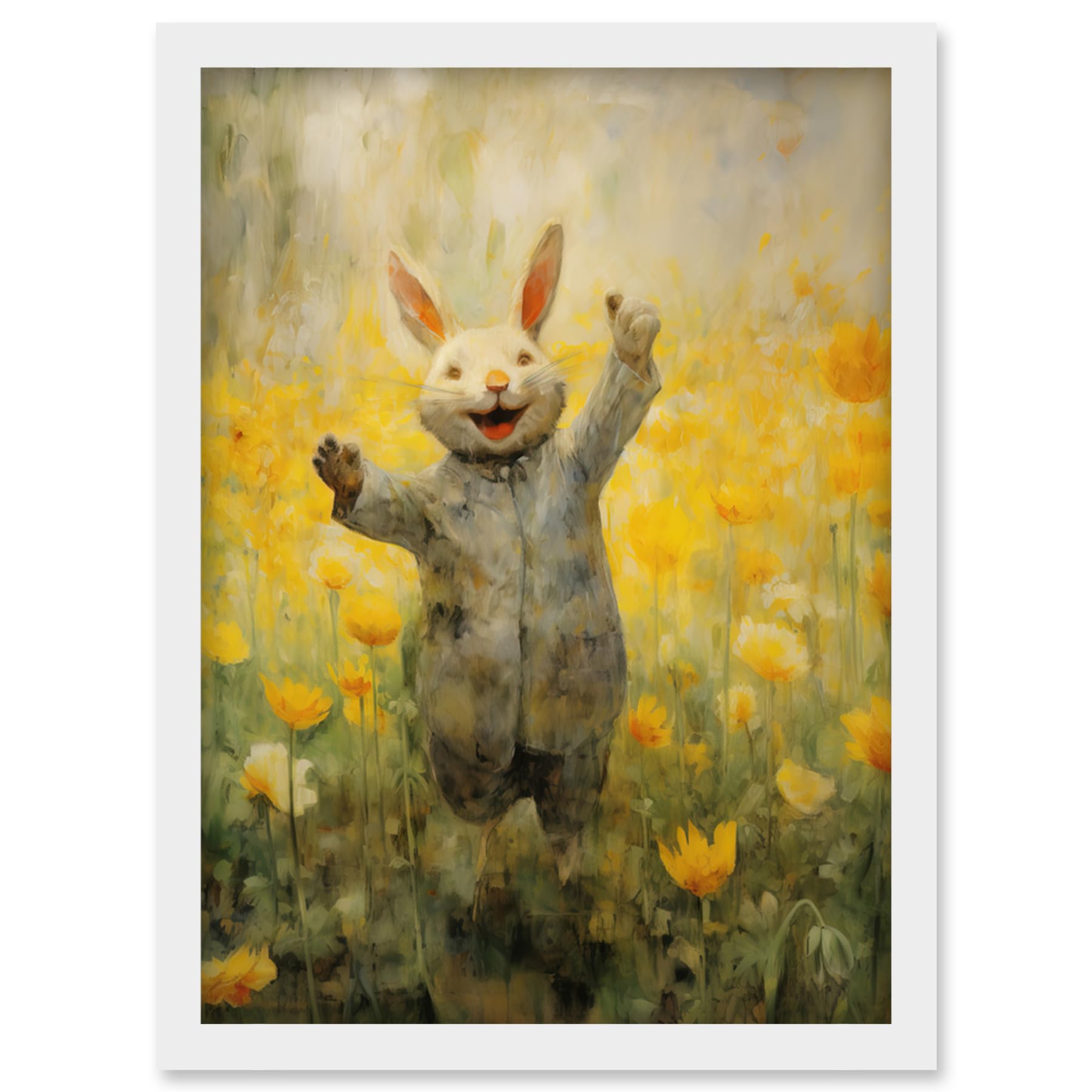 Artery8 Tulips and Rabbit Watercolour Fun Kids Baby Nursery Artwork Framed Wall Art Print A4