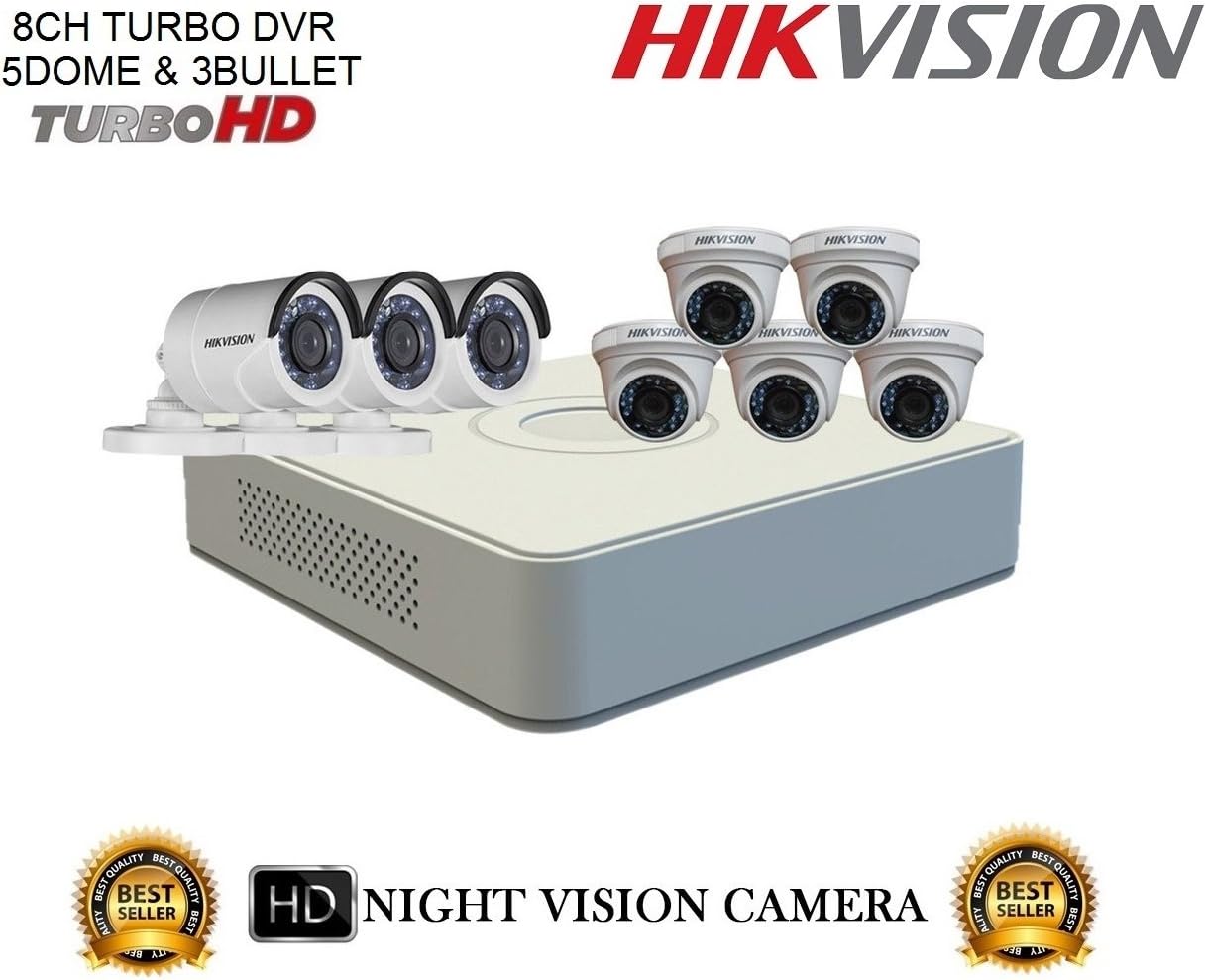 Hikvision 2MP (1080P) 8CH Turbo HD Mini DVR with Night Vision Plastic Body 5 Dome & 3 Bullet Cameras Kit