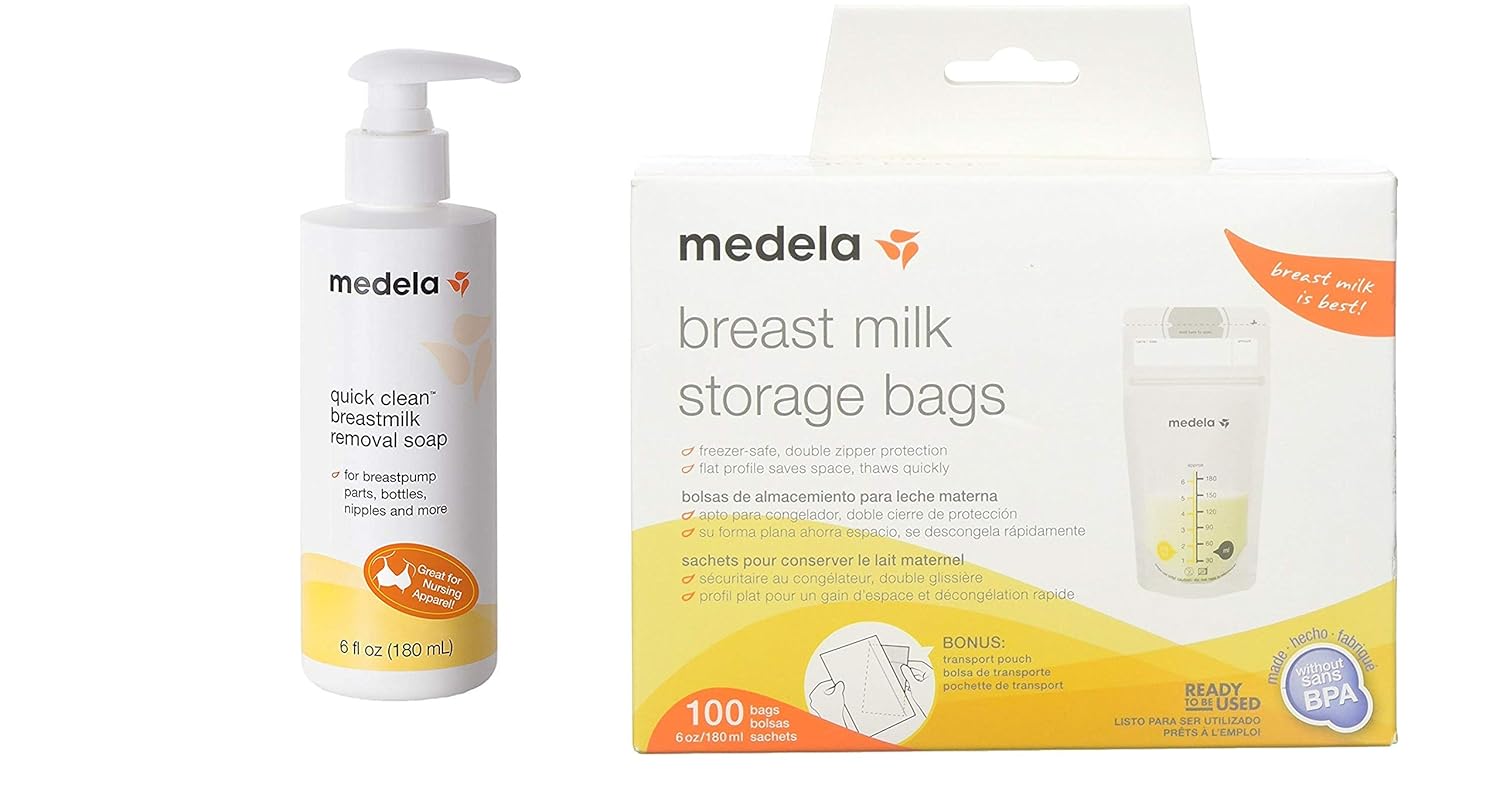 Medela Quick Clean Breast Milk Removal Soap, Hypoallergenic, No Scrub Soap for Breast Pump Parts and Nursing Apparel, 6 Fluid Ounce (Pack May Vary) Bundled with Medela Breast Milk Storage Bags, 100 Co