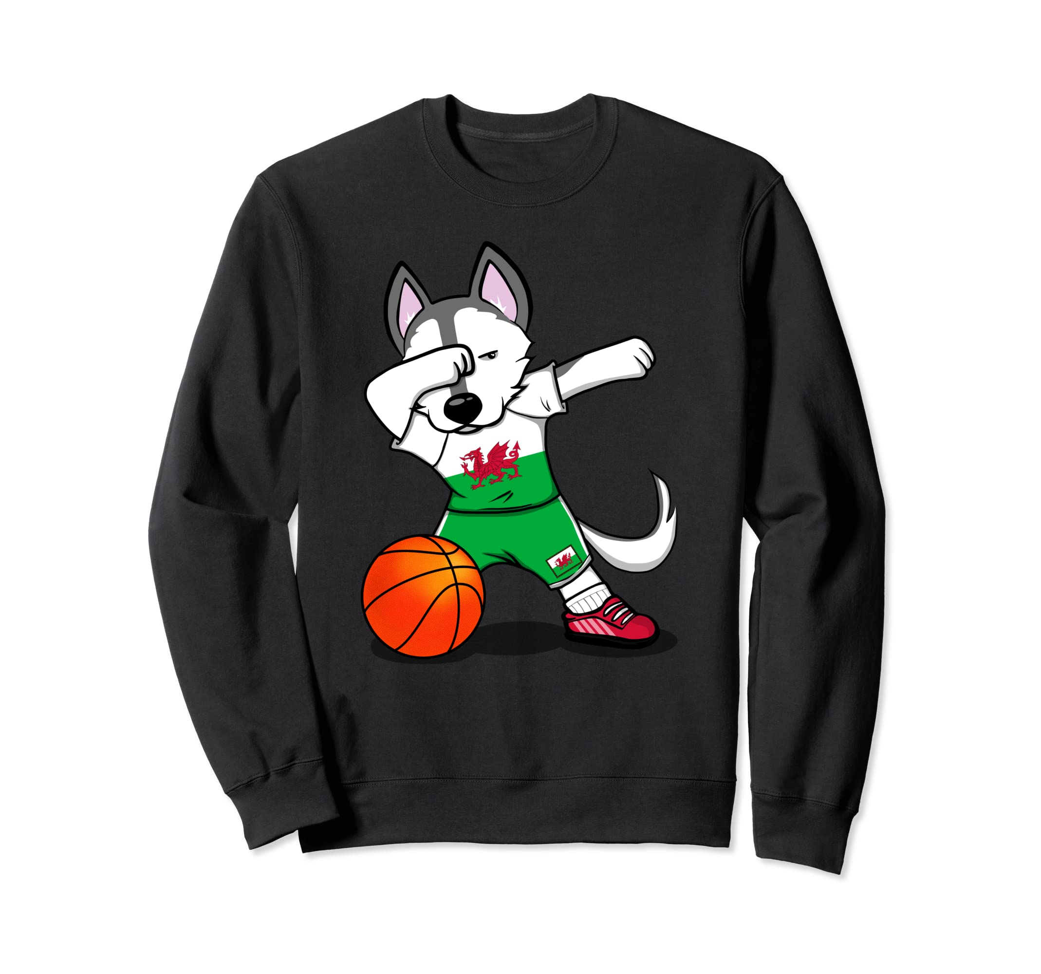 Dabbing Husky Dog Wales Basketball Fans Jersey - Welsh Flag Sweatshirt
