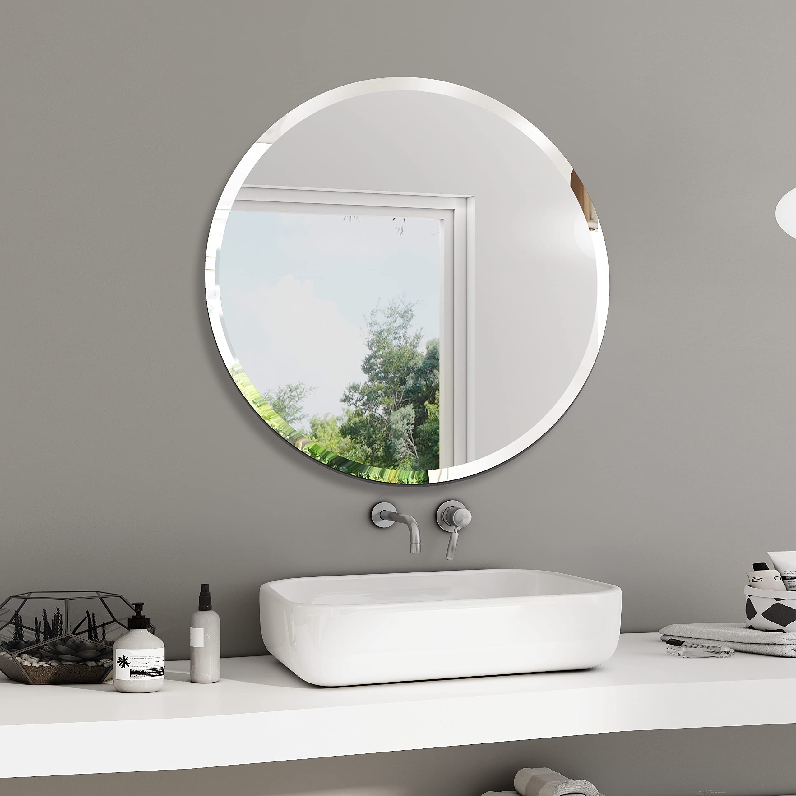 KOHROS Frameless Wall Mirror - Beveled Design Round Mirror for Bathroom 23.6x23.6 in