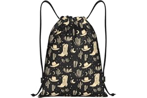 Nevjipu Drawstring Backpack - Black Cowboy Boots Cactus Print Small Drawstring Gym Bag for Women Men, Sports Cinch String Bag