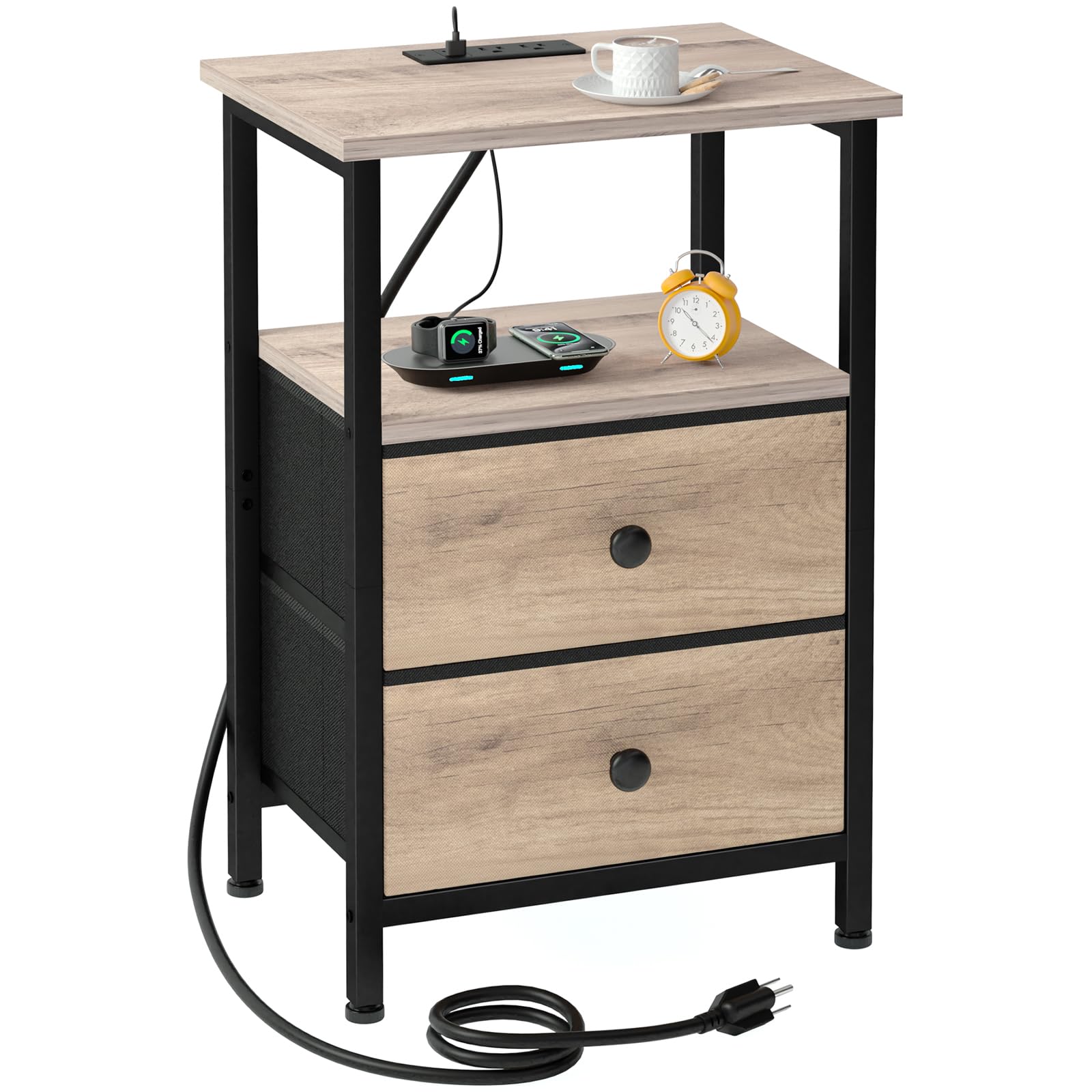 Photo 1 of ***(PARTS ONLY/ MISSING PARTS/ NON FUNCTIONAL)***LOAKEKEL Night Stand, Nightstand with Charging Station, End Table with Storage 2 Fabric Drawers for Bedroom, Small Bed Side Table with USB Ports and Outlets for Living Room, Grey, HETS020GY-1