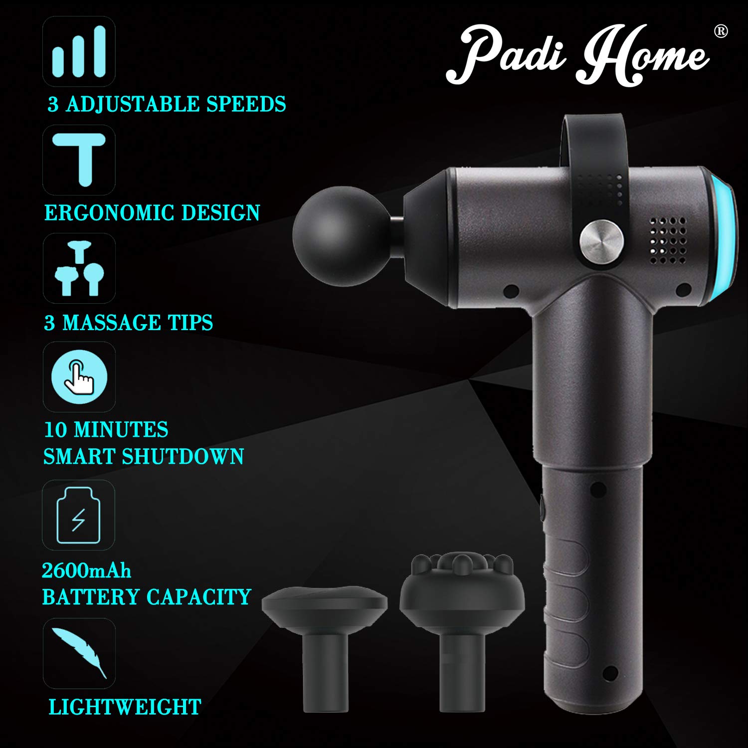 Padi Home Massage Gun Muscle Massager Massagegerät Handmassagegerät Kabelloses Wiederaufladbar mit 3 Massageköpfen, Körper Entspannen (Schwarz)