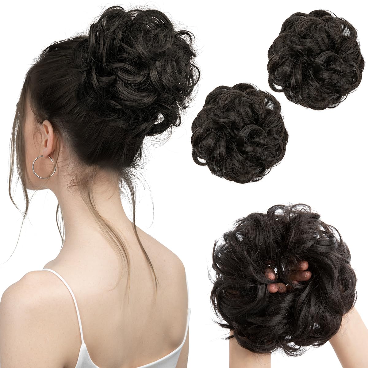 SARLA 2PCS Messy Bun Hair Pieces for Womens Synthetic Scrunchies Buns Extension Hairpieces Updo Pony Tail Black Brown — image 1