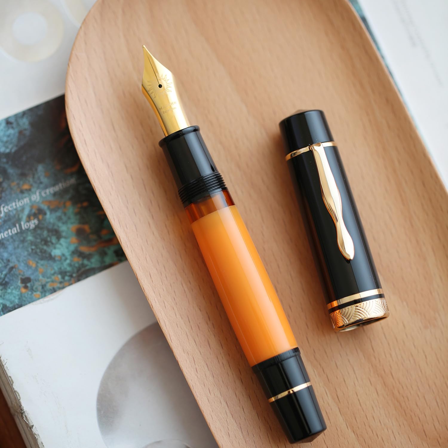 erofa Majohn P139 NO.8 Piston Fountain Pen with Fine Nib and Box, Brass Piston System, Large Capacity Pen, Black/Yellow