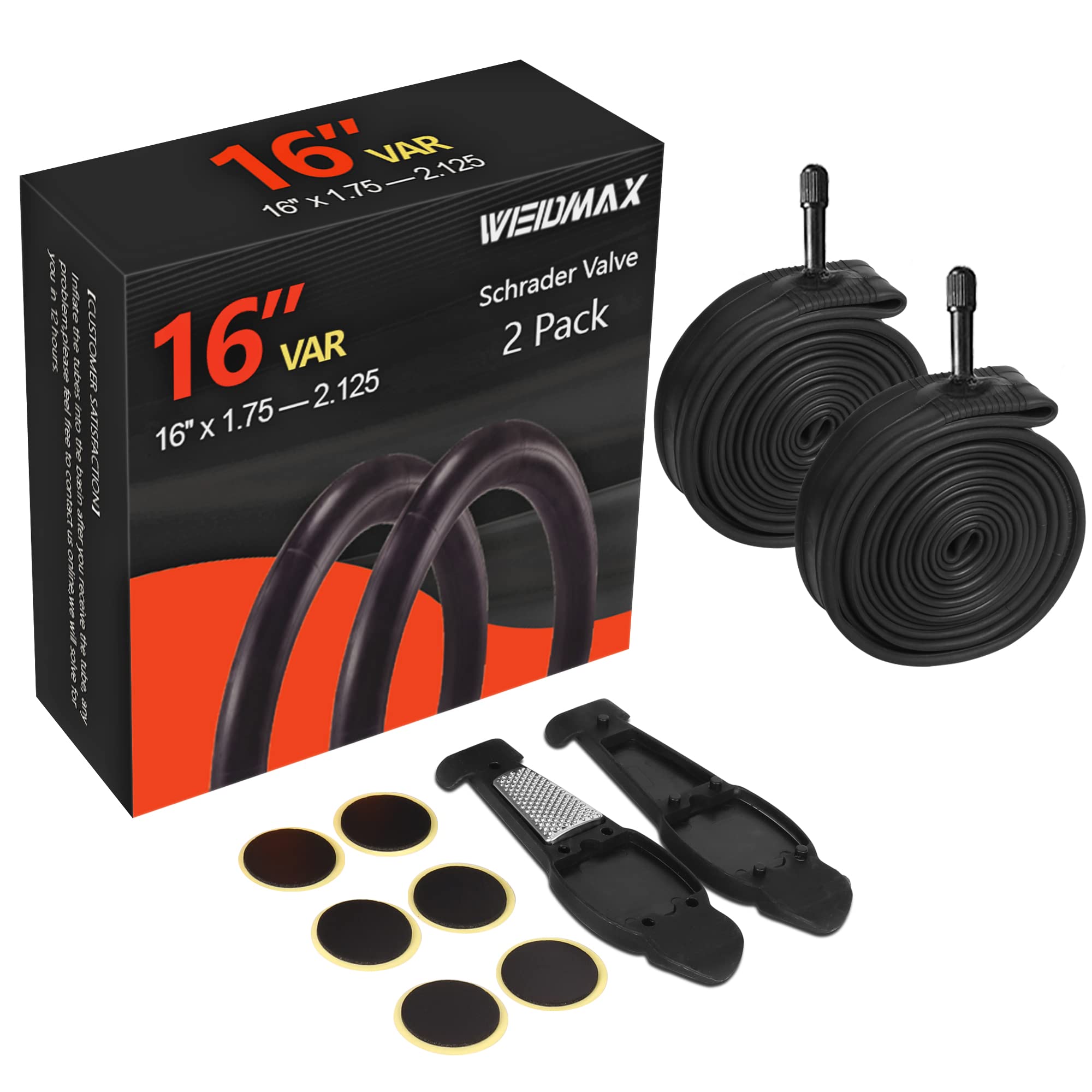 16 Inch Bike Tube, WEIDMAX 16'' x 1.75/2.125 Replacement Inner Tire Tubes (2 Pack), Premium Butyl Rubber Thorn Resistant Inner Tire with Repair Tool Kit for BOB Revolution Strollers & Most Kid Bikes — image 1