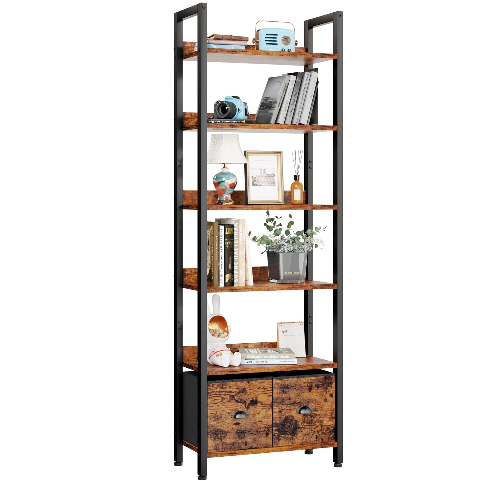Photo 1 of Furologee 6-Tier Bookshelf, Tall 71" Rustic Bookcase with 2 Drawers Storage Organizer, Industrial Display Free Standing Shelf Units, Wood and Metal Storage Rack for Home Office, Bedroom, Rustic Brown