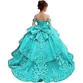 PAEGXN Lace Applique Flower Girl Dress for Wedding Beaded Off Shoulder Girls Pageant Dress Layered Girls Ball Gown Dress
