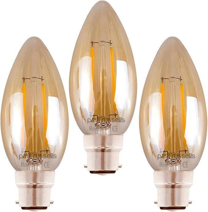 3 Pack 2Watt Candle LED Filament Amber Glass Light Bulbs B22 / BC