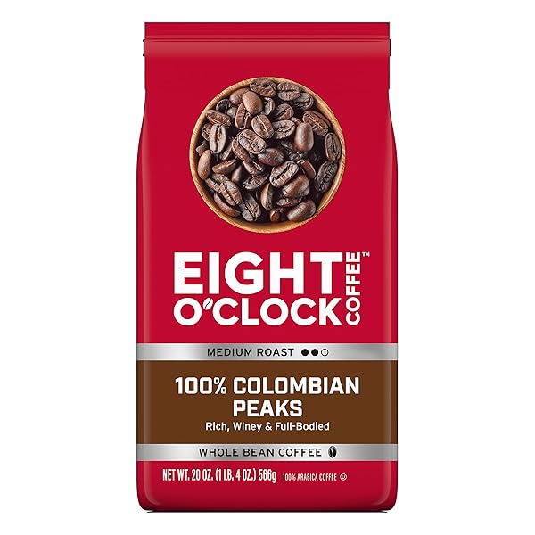 EIGHT O’CLOCK COFFEE 100% COLOMBIAN PEAKS GROUND COFFEE, MEDIUM ROAST, 20 OUNCE (PACK OF 1) – RICH, WINEY & FULL BODIED