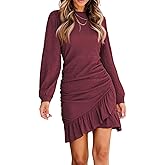 R.Vivimos Fall Elegant Dresses for Women Long Sleeve Crewneck Trendy Ruched Ruffle Hem Spring Casual Mini Dress