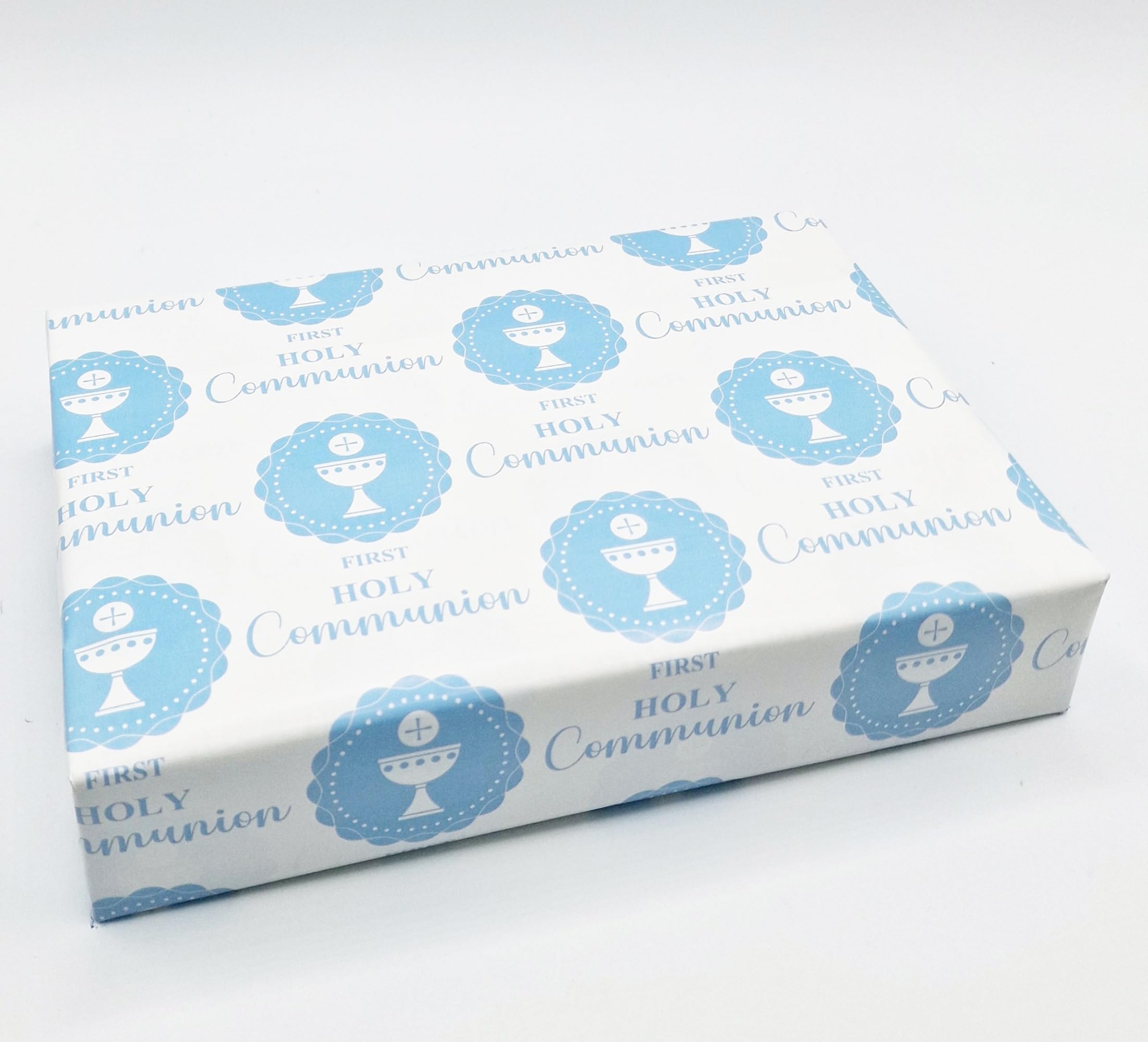 4 Sheets 4 Tags First Holy Communion Boy Wrapping Paper Gift Wrap Blue and White (PA)