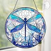 Dragonfly Decor Suncatcher Stained Glass Window Hanging - Handmade Garden Suncatchers for Windows Hanging - Sun Catchers Indoor Wall Decor Glass Panel with and Hook - Birthday Gift for Mom Grandma