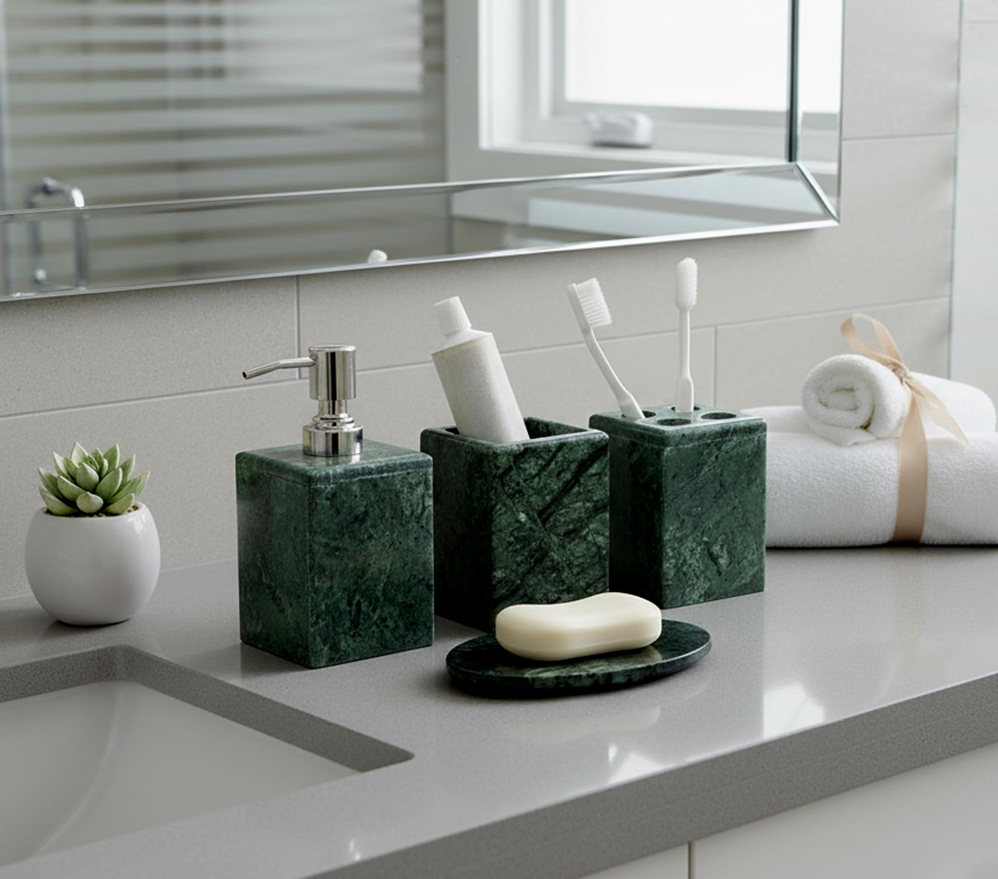KLEO - Bathroom Accessory Set made from Natural Stone - Bath Accessories set of 4 includes Soap Dispenser, Toothbrush Holder, Toothpaste holder and Soap Dish (Green Square)