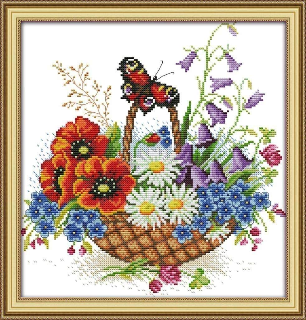 CRAFTiDA Cross Stitch Kits for Adults Beginners Embroidery Kit Pre-Printed Stamped Cross Stitch Kit Flowers 11CT (Flower Basket and Butterfly)