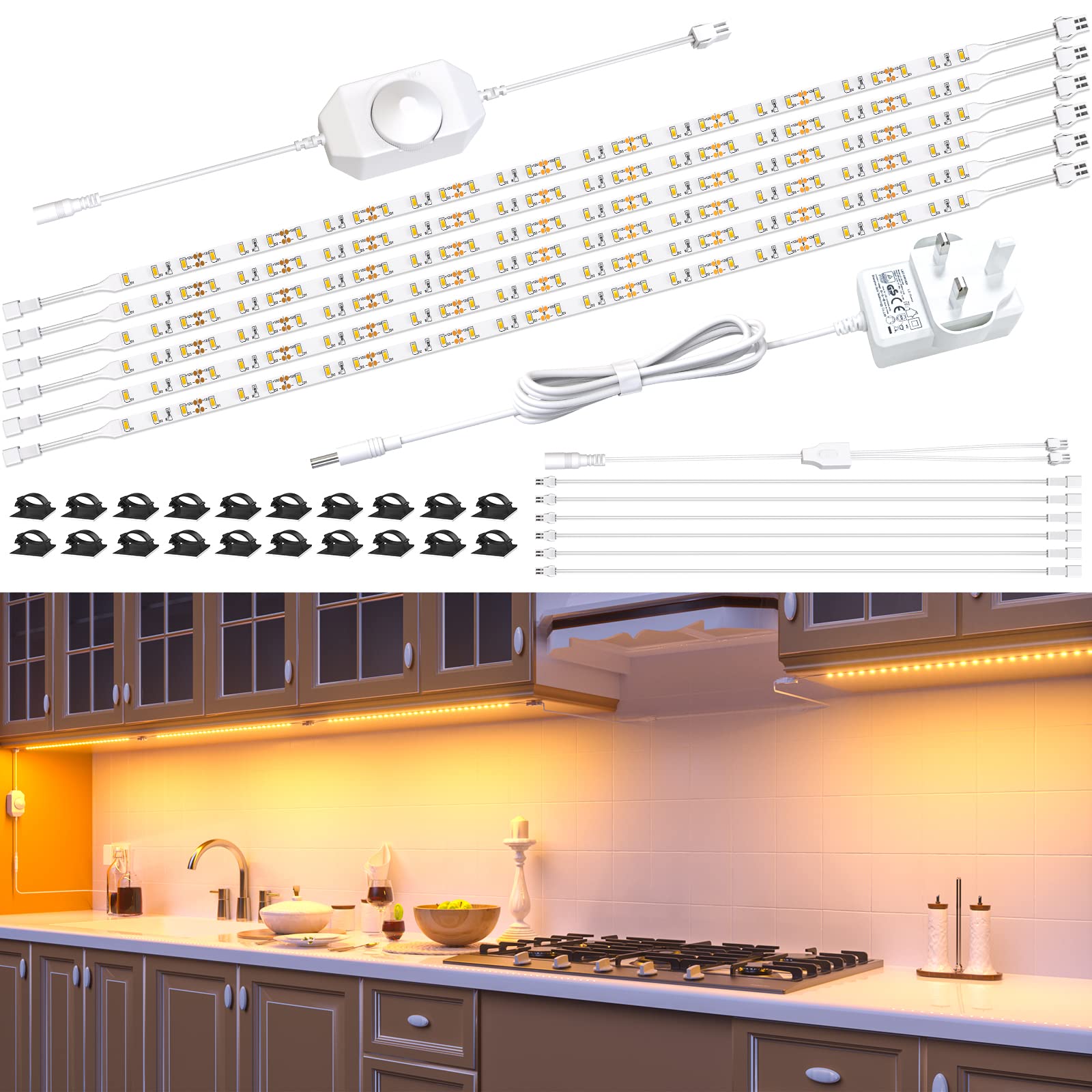 Hensam Under Cabinet Lights - 6PCS*50cm LED Strip Lights, Dimmable Counter Light for Kitchen, Shelf, Cupboard, Cabinet, Closet, 12V Adapter, Dimmer, 3000K Warm White, 180 LED, 1500 Lumen