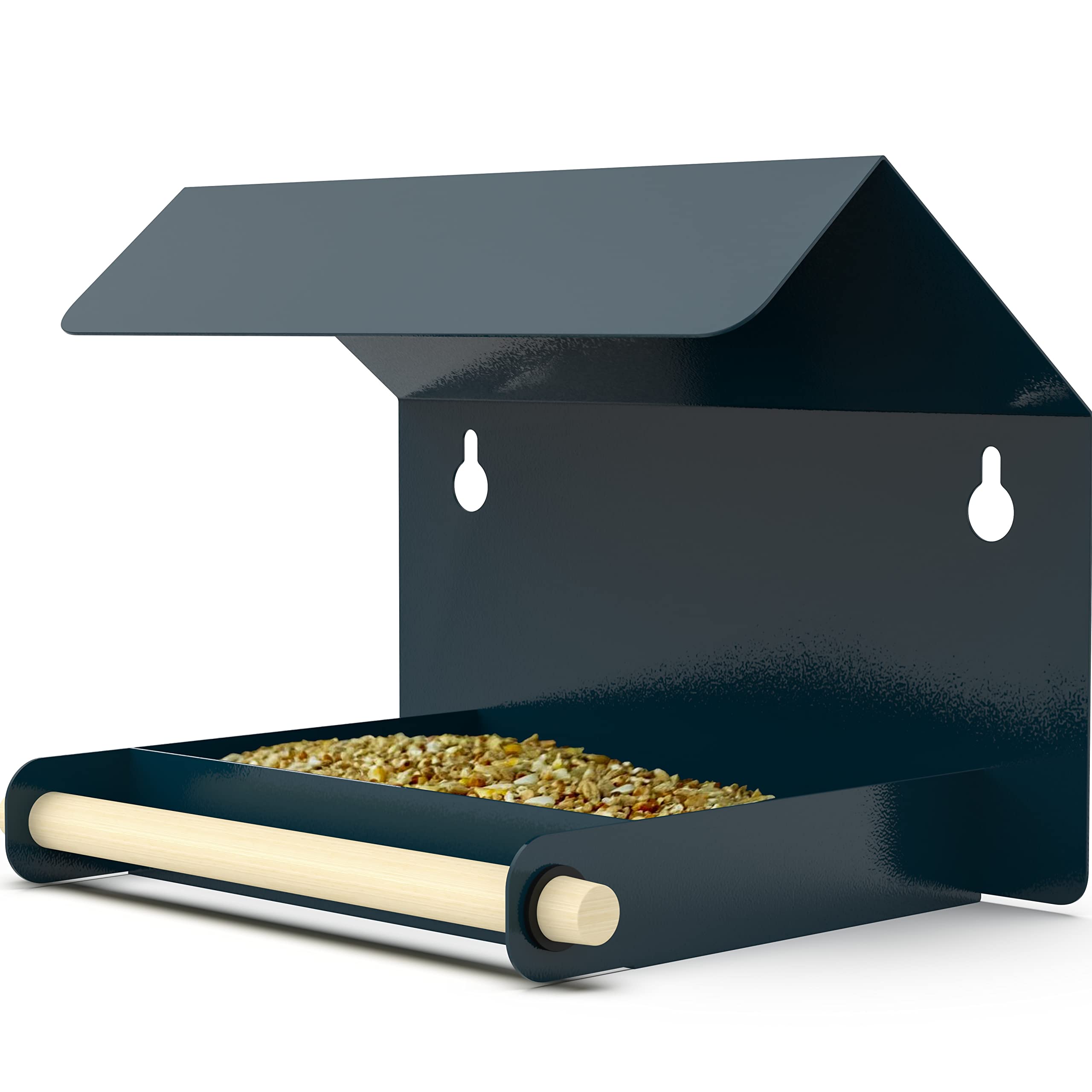 Metal Wall Mounted Garden Bird Feeder or Bath With Wooden Perch & Rain Cover Roof - Bird House Style Design Holds Wild Bird Mix or Seed & Feed