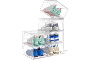 ARSTPEOE Upgrade Harder Solid Plastic Shoe Organizer, Shoe Storage with Magnetic Front Door, Shoe Rack 6 Pack Shoe Boxes Clear, Sneaker Storage, Shoe Organizer for Closet, Shoe Display Case, White