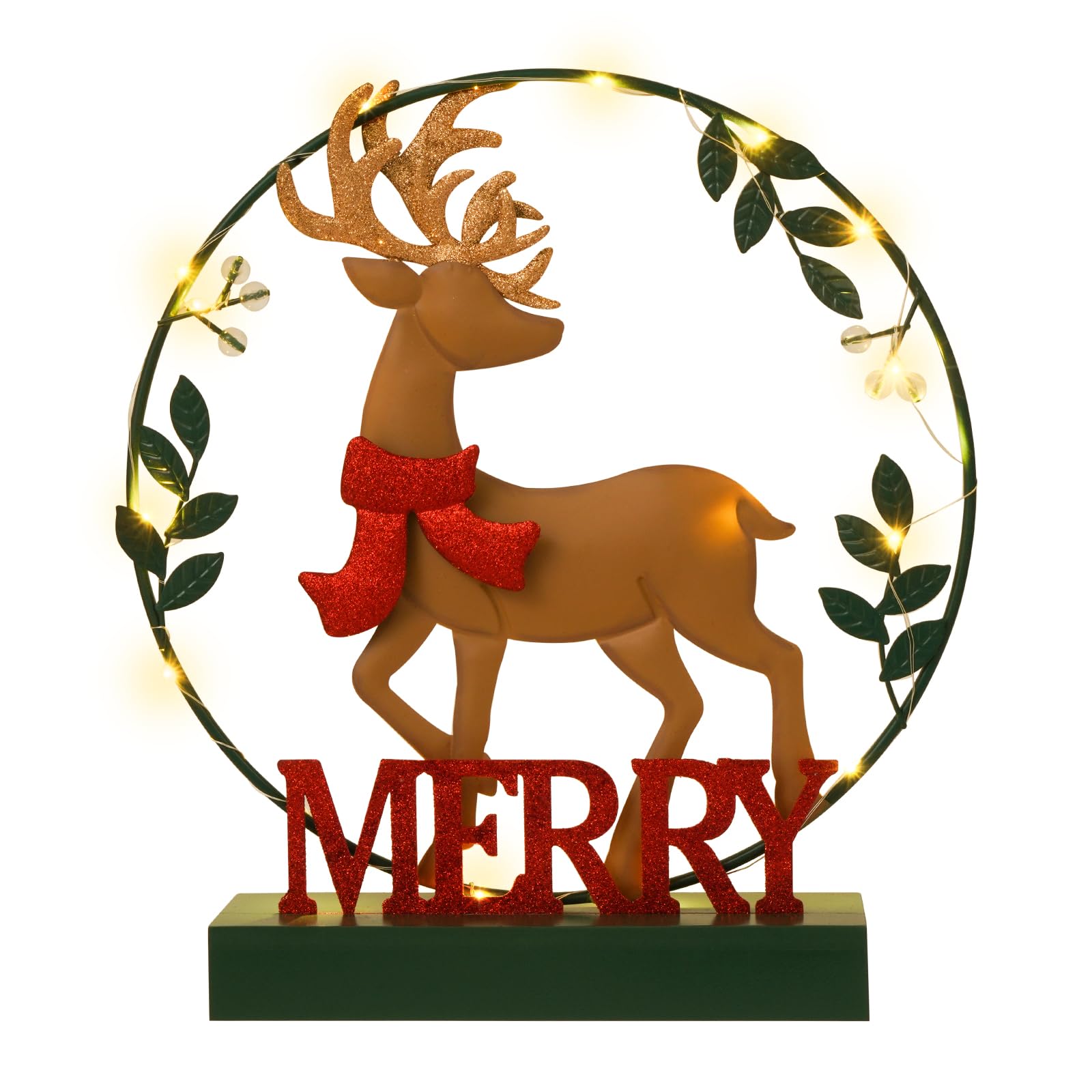 Photo 1 of Christmas Decorations for Home Led Lighted Christmas Wreath Elk Decor Merry Christmas Sign Wooden Rustic Farmhouse Tabletop Block Xmas Party Holiday Signs
